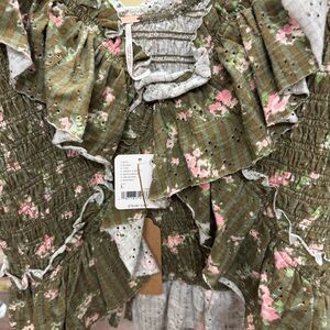 Free People Olive Green Floral Ruffle Smocked Blouse
